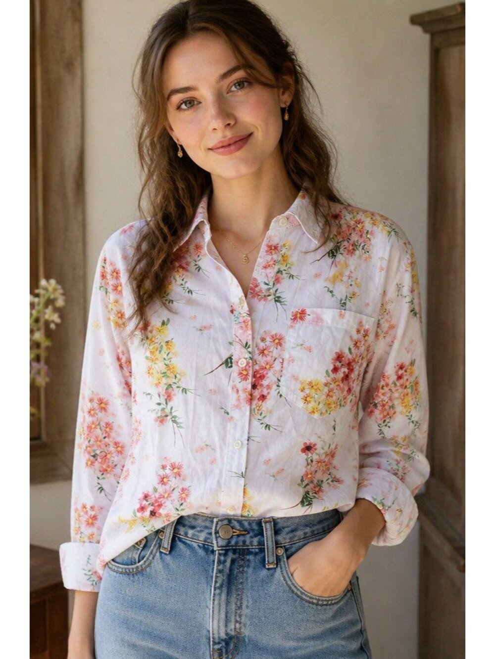 Floral Shirt Soft Boho Prairie Cotton Button‑Front Grandmacore M/L ST. Johns Bay